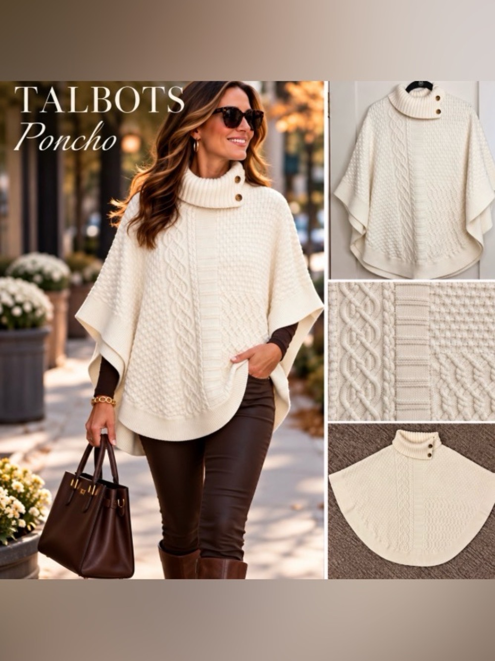 Talbots Cream Cable-Knit Turtleneck Poncho with Button Details | Size Large